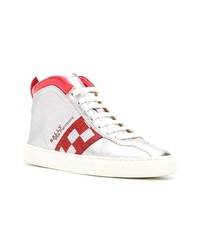 silberne hohe Sneakers aus Leder mit Karomuster von Bally