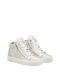 silberne hohe Sneakers aus Leder mit Schlangenmuster von Giuseppe Zanotti