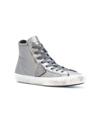 silberne hohe Sneakers aus Leder von Philippe Model