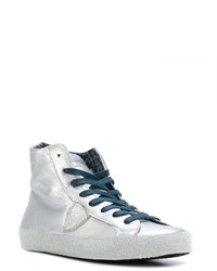 silberne hohe Sneakers aus Leder von Philippe Model