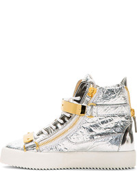 silberne hohe Sneakers aus Leder von Giuseppe Zanotti