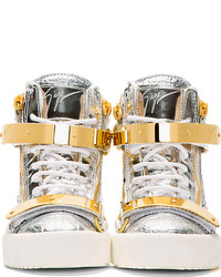 silberne hohe Sneakers aus Leder von Giuseppe Zanotti