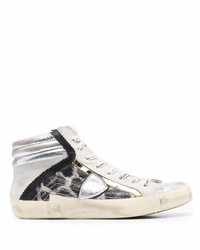 silberne hohe Sneakers aus Wildleder mit Leopardenmuster von Philippe Model Paris