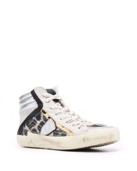 silberne hohe Sneakers aus Wildleder mit Leopardenmuster von Philippe Model Paris