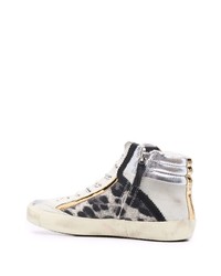 silberne hohe Sneakers aus Wildleder mit Leopardenmuster von Philippe Model Paris