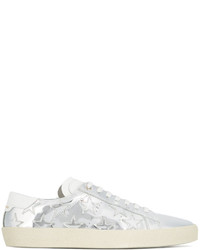 silberne Leder niedrige Sneakers mit Sternenmuster von Saint Laurent