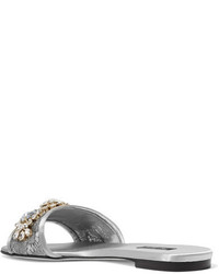 silberne verzierte flache Sandalen aus Satin von Dolce & Gabbana
