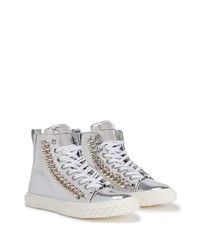 silberne verzierte hohe Sneakers aus Leder von Giuseppe Zanotti