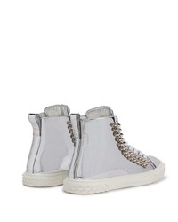 silberne verzierte hohe Sneakers aus Leder von Giuseppe Zanotti