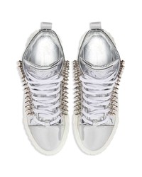 silberne verzierte hohe Sneakers aus Leder von Giuseppe Zanotti