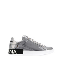 silberne verzierte Leder niedrige Sneakers