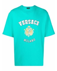 türkises bedrucktes T-Shirt mit einem Rundhalsausschnitt von Versace