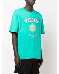 türkises bedrucktes T-Shirt mit einem Rundhalsausschnitt von Versace