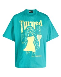 türkises bedrucktes T-Shirt mit einem Rundhalsausschnitt von Kolor