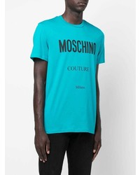 türkises bedrucktes T-Shirt mit einem Rundhalsausschnitt von Moschino