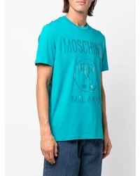 türkises bedrucktes T-Shirt mit einem Rundhalsausschnitt von Moschino