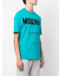 türkises bedrucktes T-Shirt mit einem Rundhalsausschnitt von Moschino