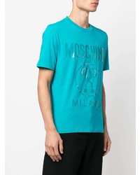 türkises bedrucktes T-Shirt mit einem Rundhalsausschnitt von Moschino