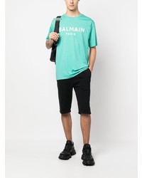 türkises bedrucktes T-Shirt mit einem Rundhalsausschnitt von Balmain