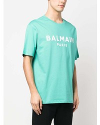 türkises bedrucktes T-Shirt mit einem Rundhalsausschnitt von Balmain