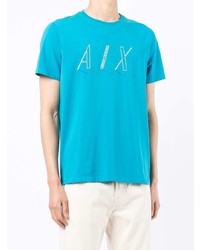 türkises bedrucktes T-Shirt mit einem Rundhalsausschnitt von Armani Exchange