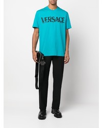 türkises bedrucktes T-Shirt mit einem Rundhalsausschnitt von Versace