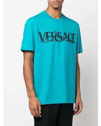 türkises bedrucktes T-Shirt mit einem Rundhalsausschnitt von Versace