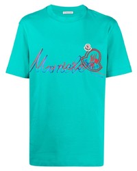 türkises bedrucktes T-Shirt mit einem Rundhalsausschnitt von Moncler