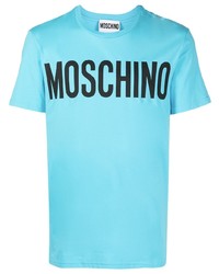 türkises bedrucktes T-Shirt mit einem Rundhalsausschnitt von Moschino