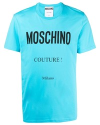 türkises bedrucktes T-Shirt mit einem Rundhalsausschnitt von Moschino