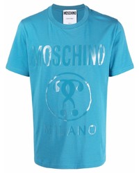 türkises bedrucktes T-Shirt mit einem Rundhalsausschnitt von Moschino