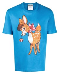 türkises bedrucktes T-Shirt mit einem Rundhalsausschnitt von Moschino