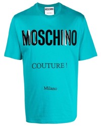 türkises bedrucktes T-Shirt mit einem Rundhalsausschnitt von Moschino