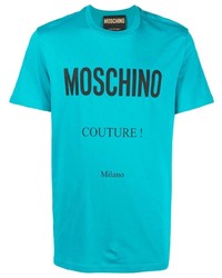 türkises bedrucktes T-Shirt mit einem Rundhalsausschnitt von Moschino