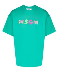 türkises bedrucktes T-Shirt mit einem Rundhalsausschnitt von MSGM