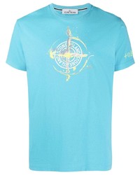 türkises bedrucktes T-Shirt mit einem Rundhalsausschnitt von Stone Island