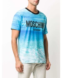 türkises bedrucktes T-Shirt mit einem Rundhalsausschnitt von Moschino