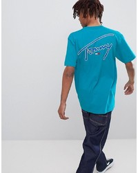 türkises bedrucktes T-Shirt mit einem Rundhalsausschnitt von Tommy Jeans