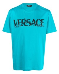 türkises bedrucktes T-Shirt mit einem Rundhalsausschnitt von Versace