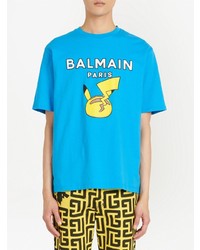 türkises bedrucktes T-Shirt mit einem Rundhalsausschnitt von Balmain