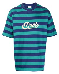 türkises horizontal gestreiftes T-Shirt mit einem Rundhalsausschnitt von Drôle De Monsieur
