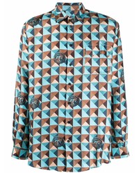 türkises Langarmhemd mit geometrischem Muster von Paura