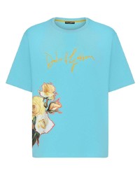 türkises T-Shirt mit einem Rundhalsausschnitt mit Blumenmuster von Dolce & Gabbana