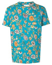 türkises T-Shirt mit einem Rundhalsausschnitt mit Blumenmuster von Etro