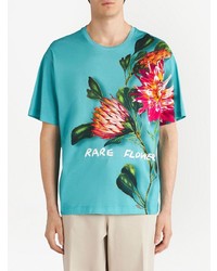 türkises T-Shirt mit einem Rundhalsausschnitt mit Blumenmuster von Etro