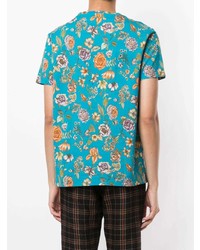 türkises T-Shirt mit einem Rundhalsausschnitt mit Blumenmuster von Etro