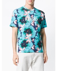 türkises T-Shirt mit einem Rundhalsausschnitt mit Blumenmuster von Kenzo