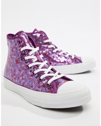 violette hohe Sneakers aus Pailletten von Converse