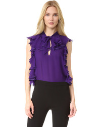 violette Seide Bluse mit Rüschen