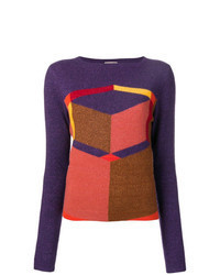 violetter Pullover mit einem Rundhalsausschnitt mit geometrischem Muster